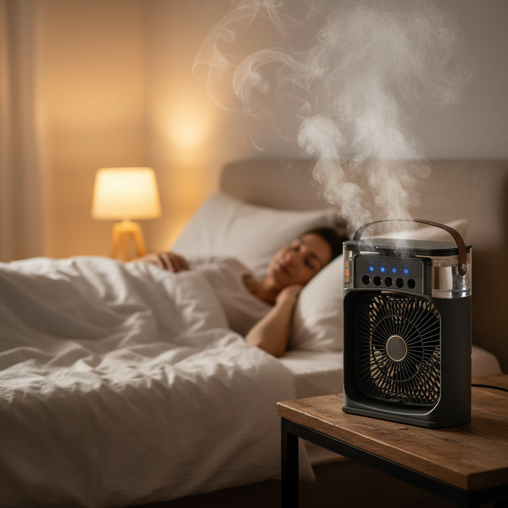Stay Cool Anywhere: Mini USB Portable Air Conditioner with Humidifier, LED Night Light & 3-in-1 Functionality